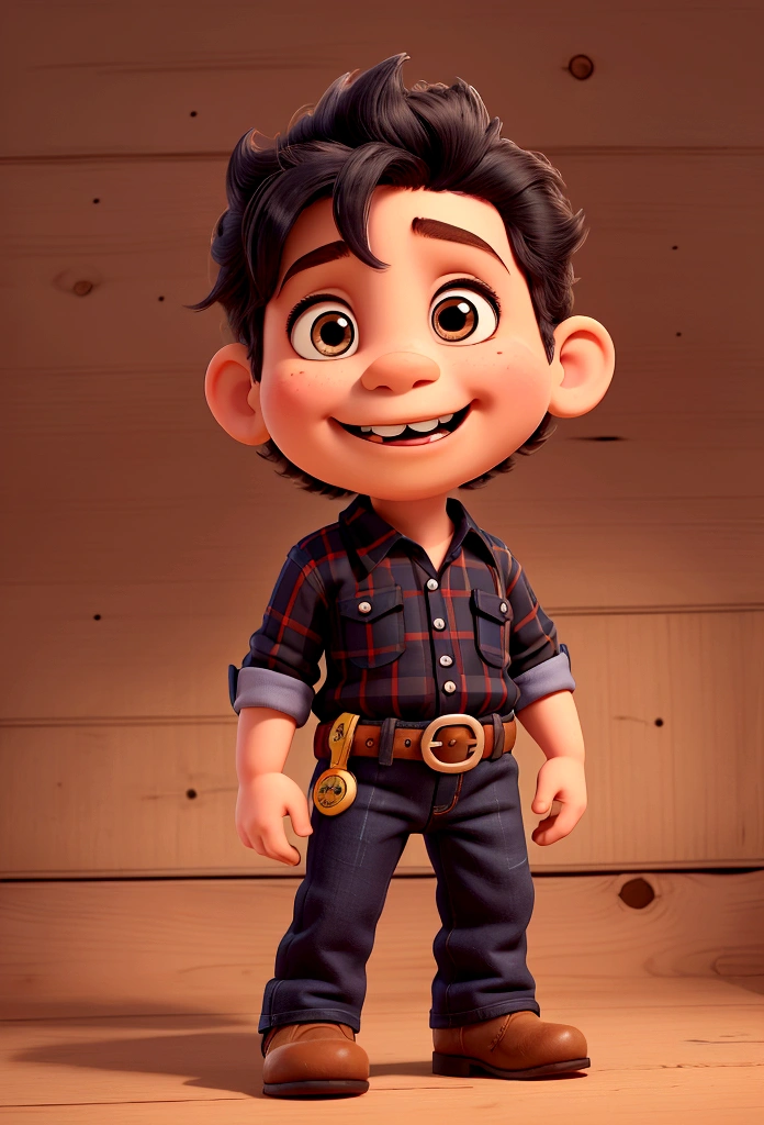 Cartoon character of an 11 month old baby with only two teeth, His cowboy clothes are a black plaid shirt and blue jeans., on the belt a buckle and a brown boot