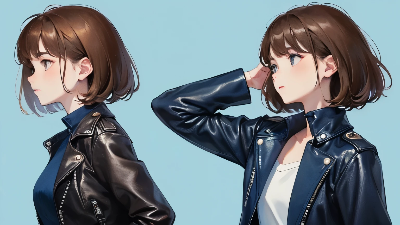 (((upright)))、(((Front view)))、((1 person)),Masterpiece,best quality, ((Floral Skirt))),boots ,((leather jacket))、((Navy Blue Background))、((Expressionless)),determined expression, Upper body diagram、 (Highest Resolution、Clear_image)、Best Quality、Light and shadow contrast、((illumination))、Very detailed、Semi-realistic、Short Hairstyle、Brown Hair、bangs、19 years old、 Lady,,young、((View from the front))、Delicate Facial Features