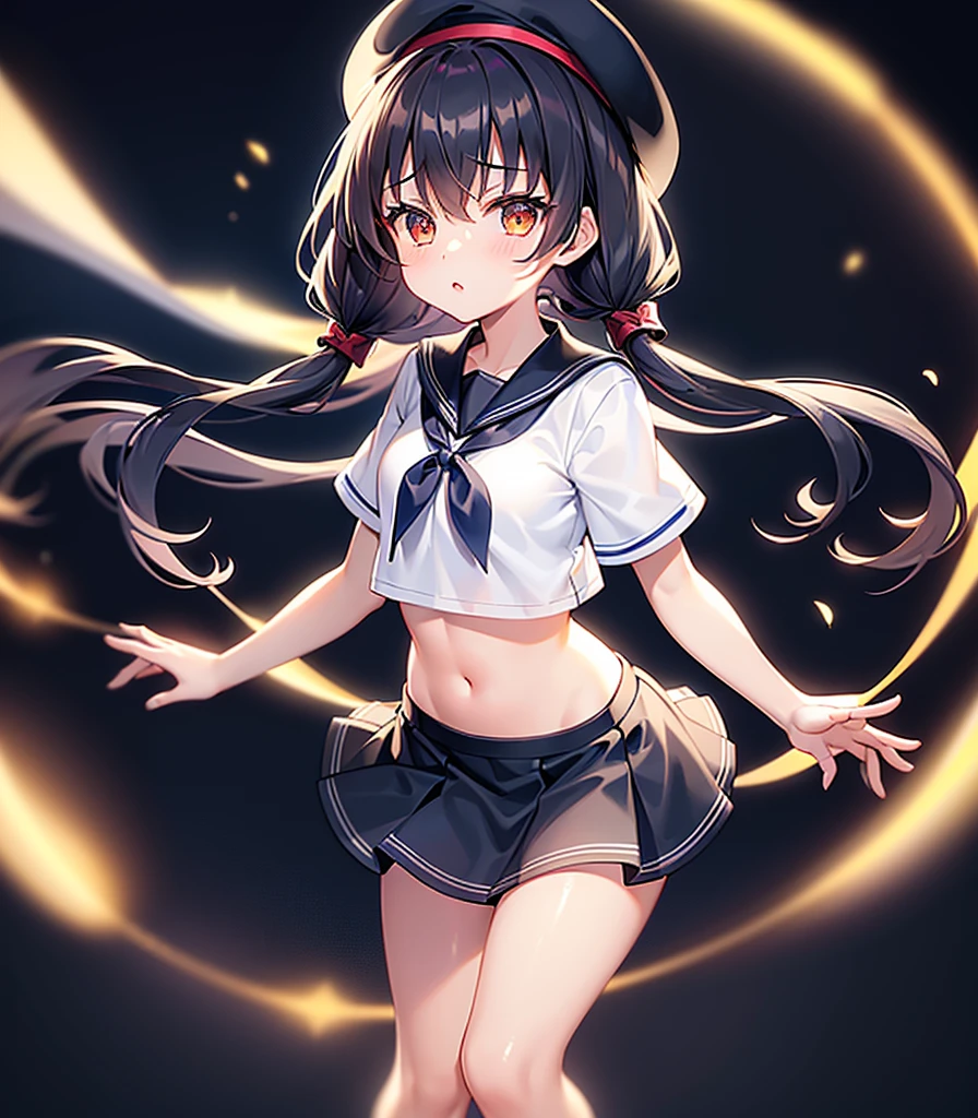 (Sailor suit),(((Navy Mini Skirt))),(((Revealing clothing))),In a naughty way,beret,,Cute little ,Tiny ,Small girl,,ish face, Very fine clean face,Top quality, Big eyes,Straight Hair,Yellow hair,Crimson Eye,(Dark Room), Subtle light, Natural light,Soft lighting,Light from directly behind, (Are standing), Cute pose, (Open your hands), Showing the whole body,Front view,Black background