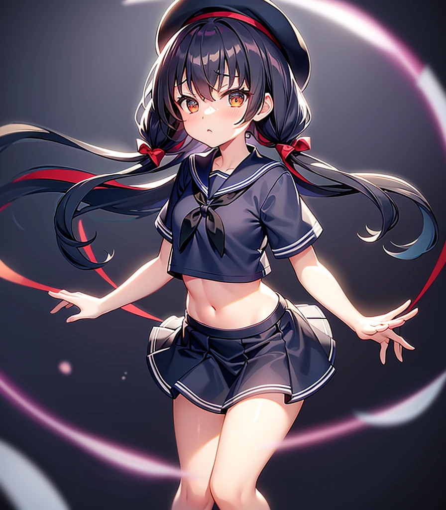 (Sailor suit),(((Navy Mini Skirt))),(((Revealing clothing))),In a naughty way,beret,,Cute little ,Tiny ,Small girl,,Childish face, Very fine clean face,Top quality, Big eyes,Straight Hair,Yellow hair,Crimson Eye,(Dark Room), Subtle light, Natural light,Soft lighting,Light from directly behind, (Are standing), Cute pose, (Open your hands), Showing the whole body,Front view,Black background