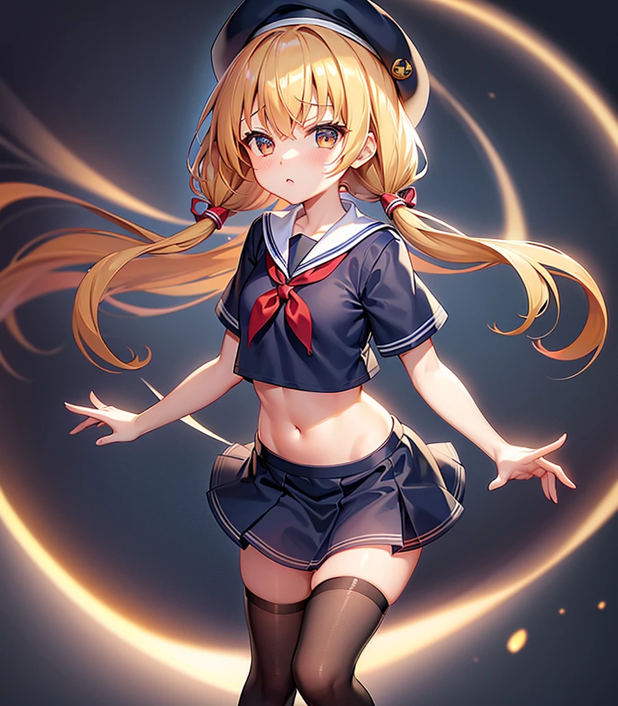 (Sailor suit),(((Navy Mini Skirt))),(((Revealing clothing))),In a naughty way,beret,,Cute little ,Tiny ,Small girl,,Childish face, Very fine clean face,Top quality, Big eyes,Straight Hair,Yellow hair,Crimson Eye,(Dark Room), Subtle light, Natural light,Soft lighting,Light from directly behind, (Are standing), Cute pose, (Open your hands), Showing the whole body,Front view,Black background