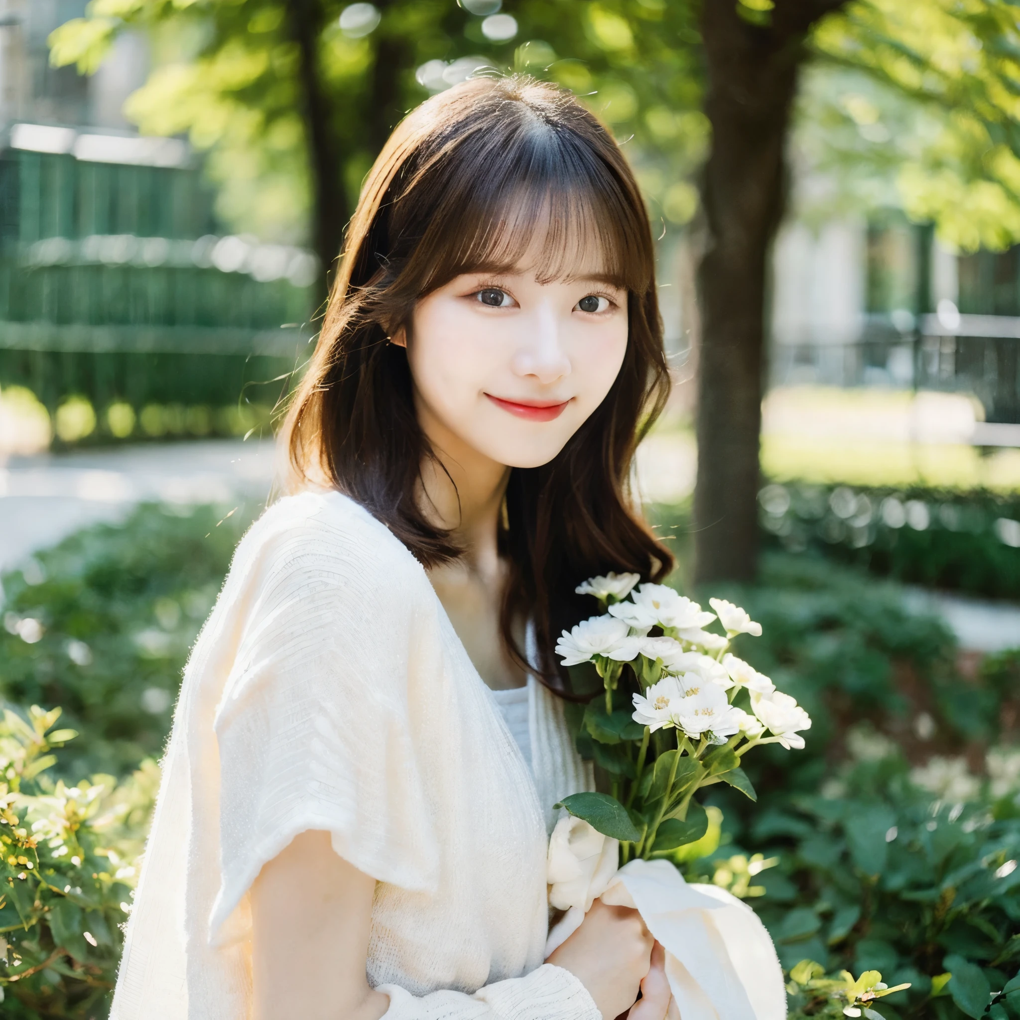 Create an image of a young woman around 25 years old, inspired by the provided image. The woman should have long, flowing hair and a gentle smile, holding a bouquet of flowers similar to the one in the reference. The setting should be a beautiful outdoor environment with greenery in the background, reminiscent of a sunny day. The woman should have a slightly more mature appearance while maintaining a warm and friendly expression. Ensure the lighting and color tones are soft and natural, highlighting her youthful yet mature beauty.