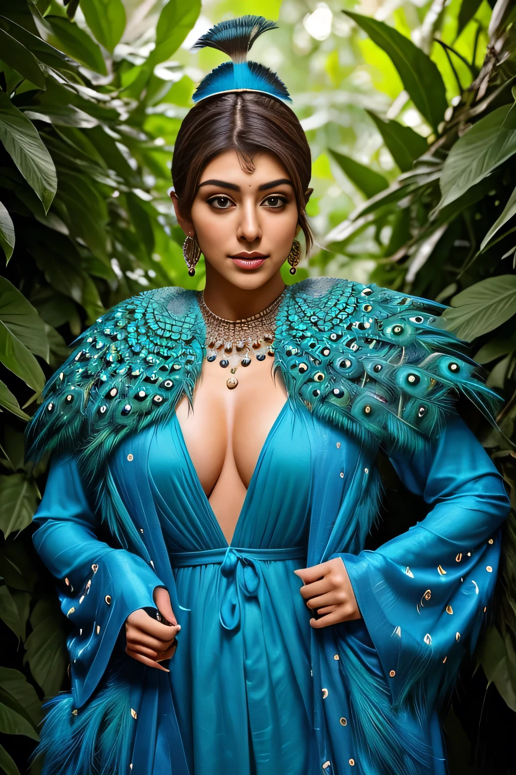 Hansika Motwani is a peafowl, she is real peafowl Bird. Mutant peafowl. peafowl transformation. peafowl body with female head. She is a bird. Real bird. Head with bird body. Create this beautiful creature.