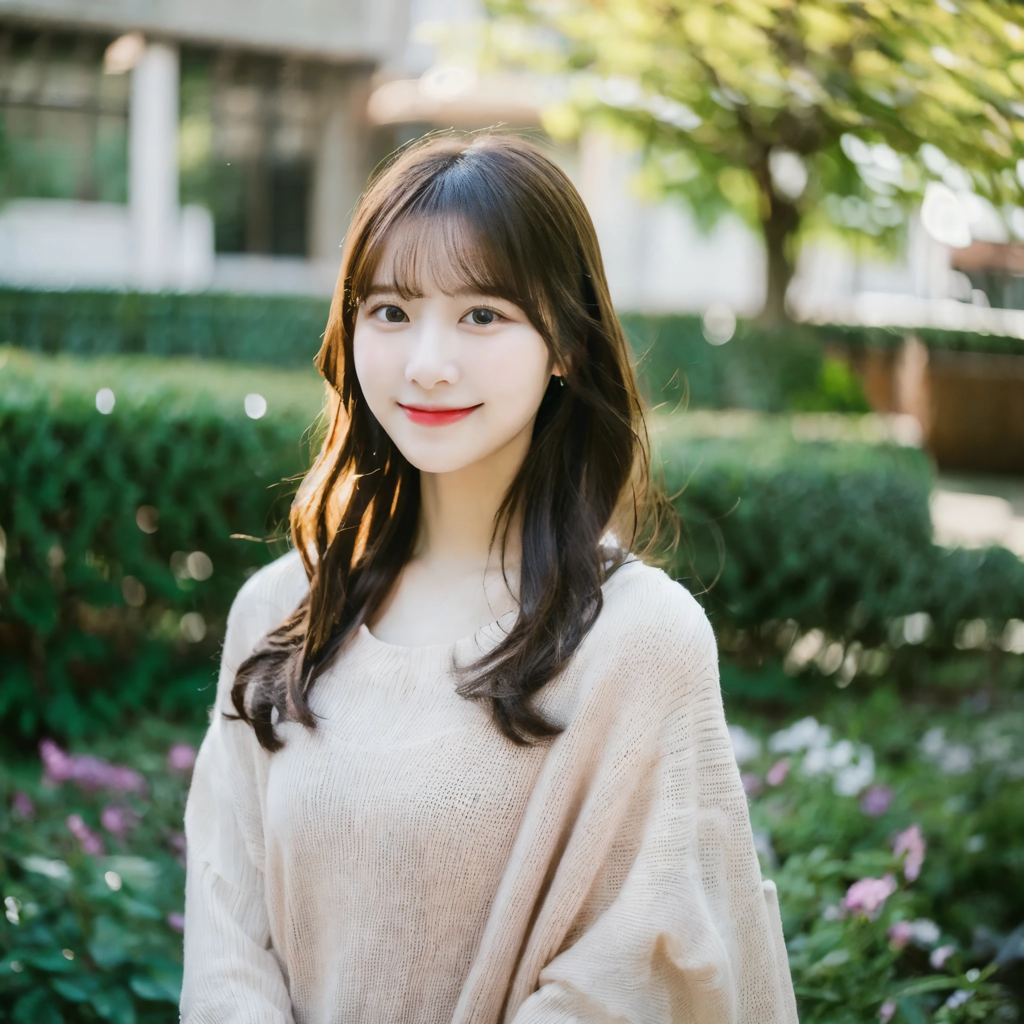 Create an image of a young woman around 25 years old, inspired by the provided image. The woman should have long, flowing hair and a gentle smile, holding a bouquet of flowers similar to the one in the reference. The setting should be a beautiful outdoor environment with greenery in the background, reminiscent of a sunny day. The woman should have a slightly more mature appearance while maintaining a warm and friendly expression. Ensure the lighting and color tones are soft and natural, highlighting her youthful yet mature beauty.