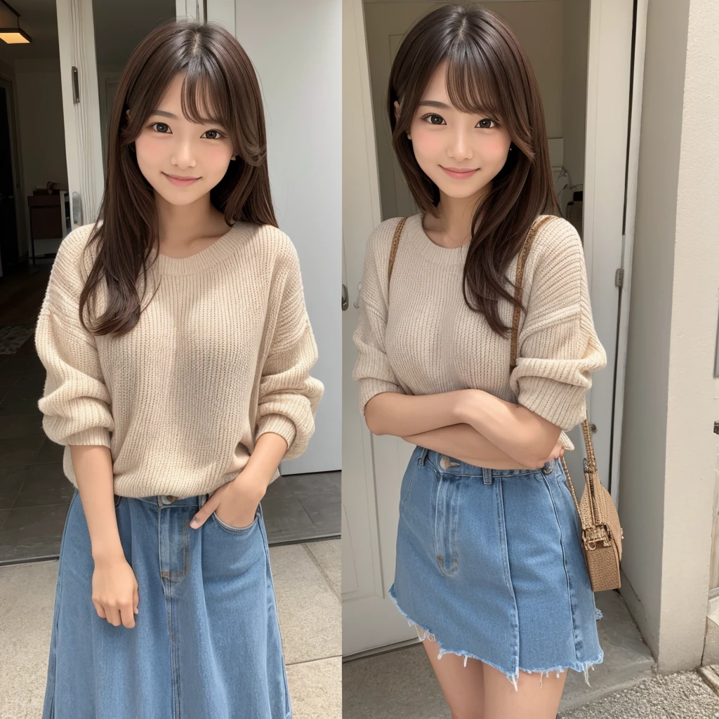 Top quality, 1 beautiful Japanese Actress, 15 years old,Bob Hair,brown hair, shy-smile, beautiful face,large dark eyes,real skin,Cute clothes