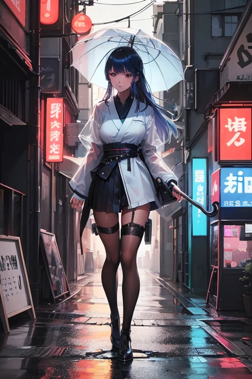 (best qualityer, work of art: 1.3), 1 girl, rainy daytime, FOG, beco, holding umbrella, large transparent umbrella, gazing at viewer, hair blue, facing the photo, cyberpunk city, alone in the beco, neon in the beco, very reflective city, long hair, sized strands going over the beco, bars, Japan, Tokyo, garter belt on one leg,  knee brace on the other leg, perfect hand, dainty, natta