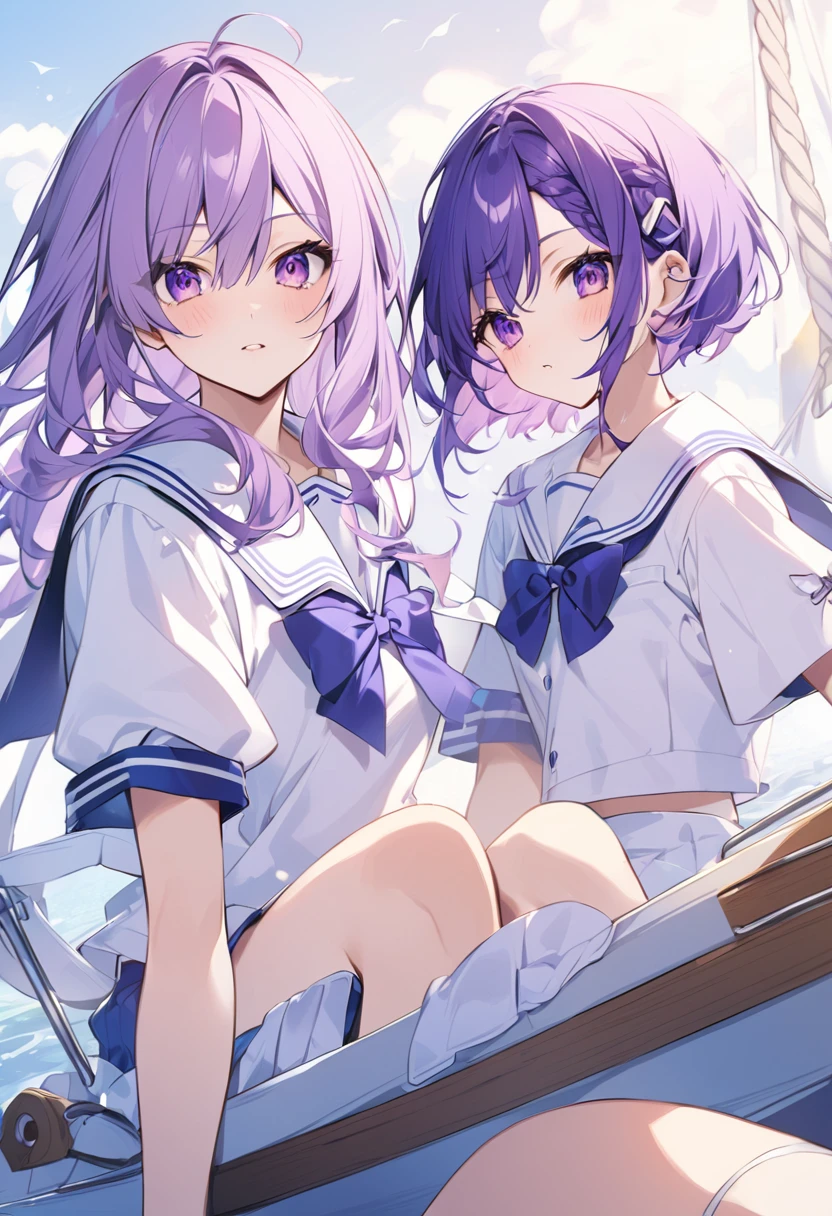Keito。Purple Eyes。Purple Hair。Sailor suit。Boat。