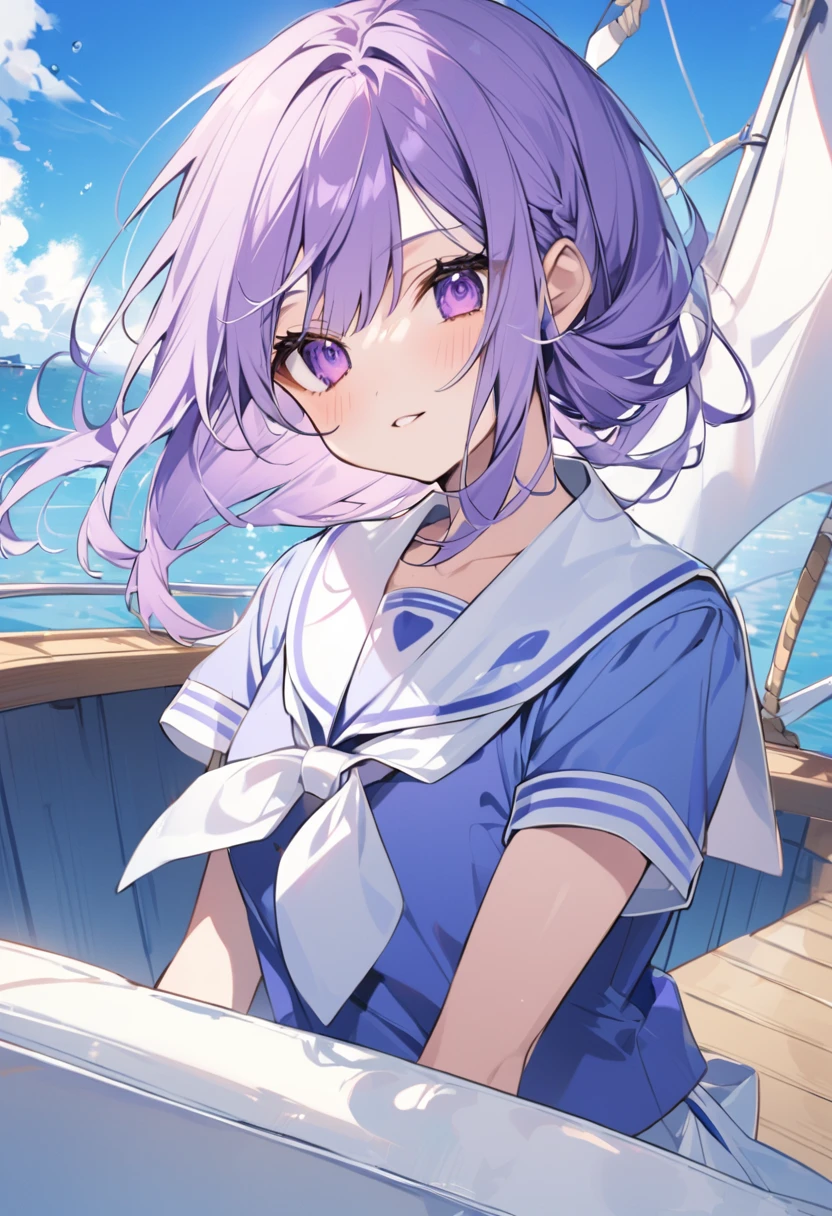 Keito。Purple Eyes。Purple Hair。Sailor suit。Boat。