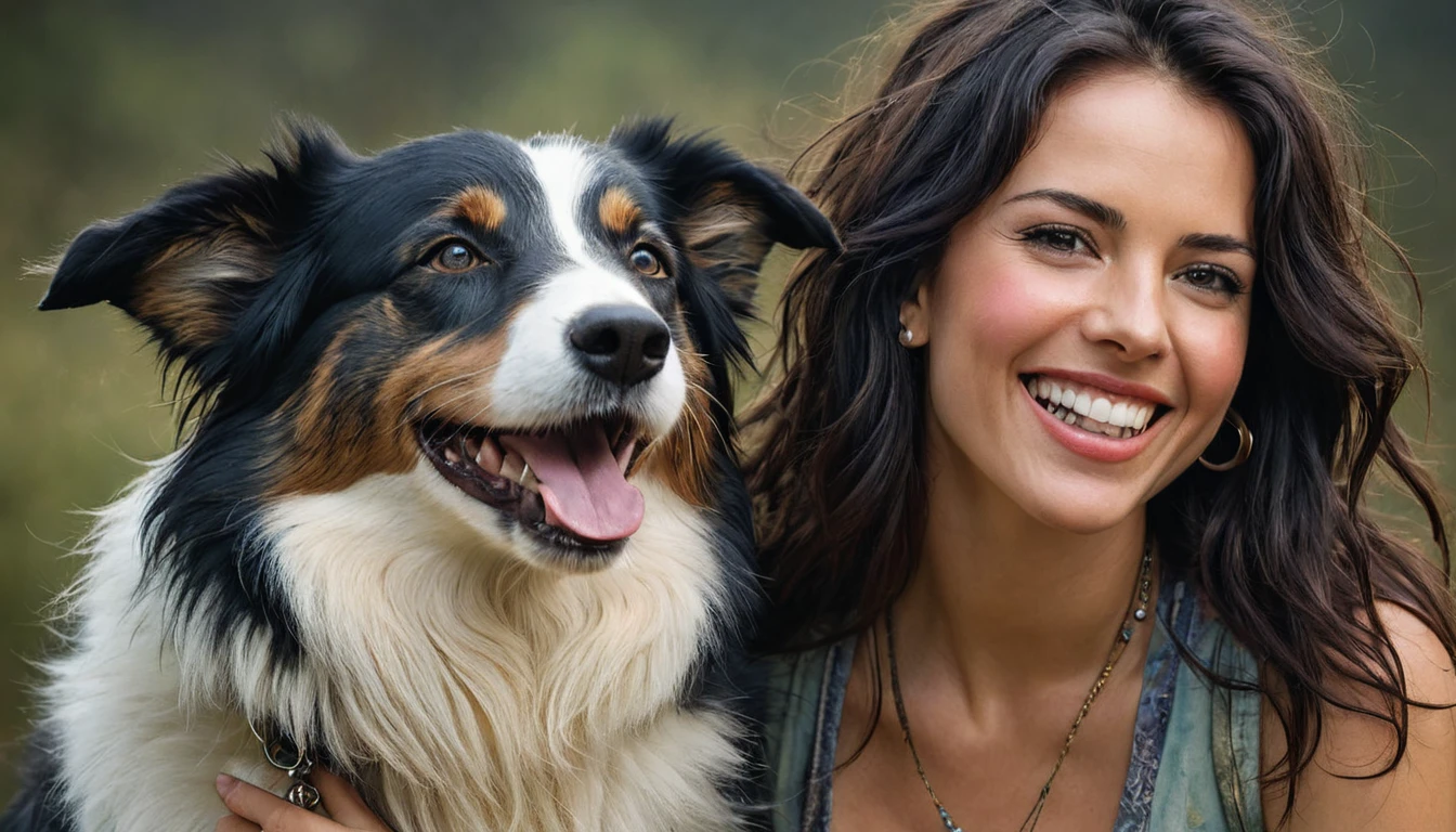 half  body,
a woman smile  with her best friend her Border collie dog,
dark complex background, style by Thomas Kinkade+David A. Hardy+Carne Griffiths+Mandy Disher half vivid colors fine art, best quality, high detailed, detailed faces, 2d,