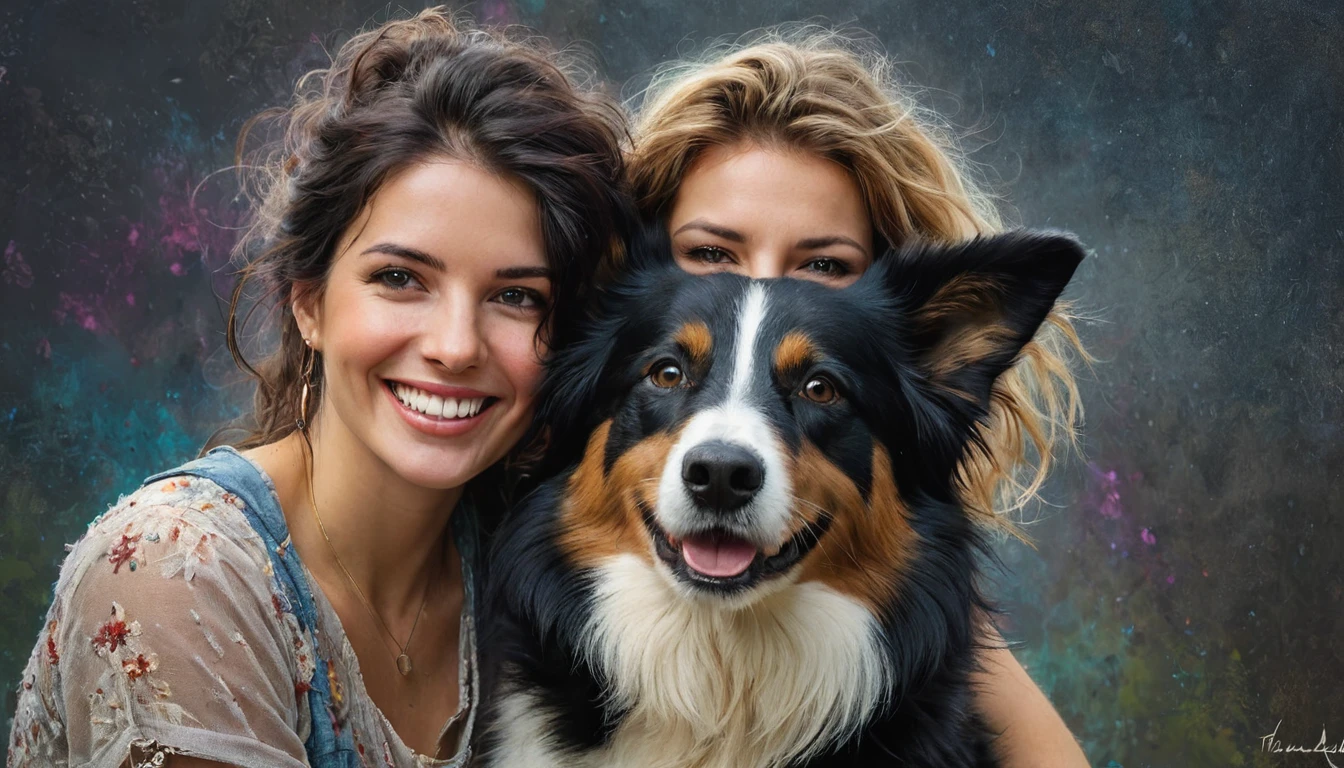 half body,
a woman smile with her best friend her Border collie dog,
dark complex background, style by Thomas Kinkade+David A. Hardy+Carne Griffiths+Mandy Disher half vivid colors fine art, best quality, high detailed, detailed faces, 2d,