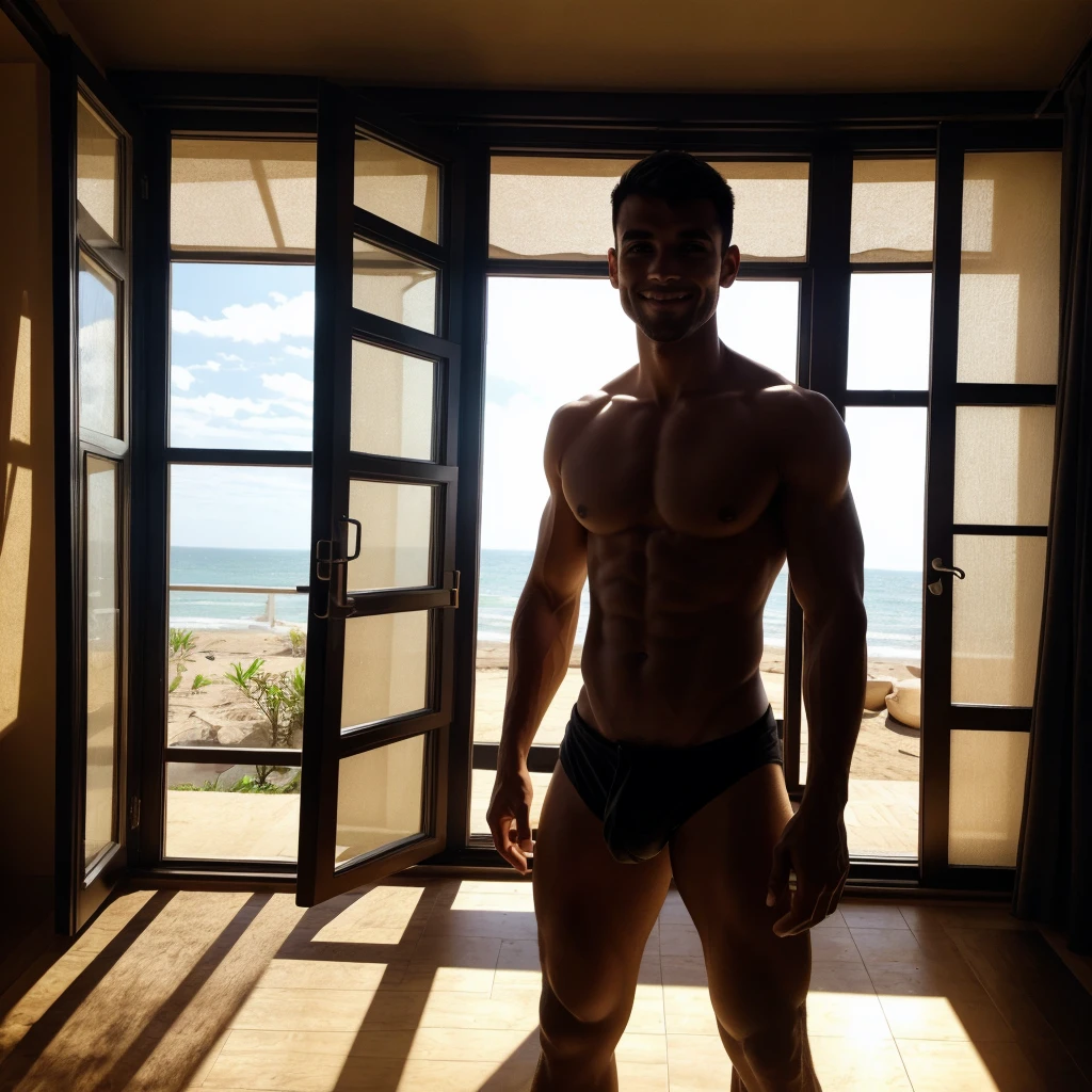 The pitch-black silhouette of a lonely,a handsome two Young man,Very good figure,cute,short haircut,tan skin,Not wearing a shirt ,wearing bikini underware, who could only experience life from what he saw through a single window with only four windows.Everything is dark in his world and environment.while light, love, and happiness can only be seen through one window.Inside there was only darkness and shadows.While the colors are beautiful and bright happy people and countless wonders lie outside