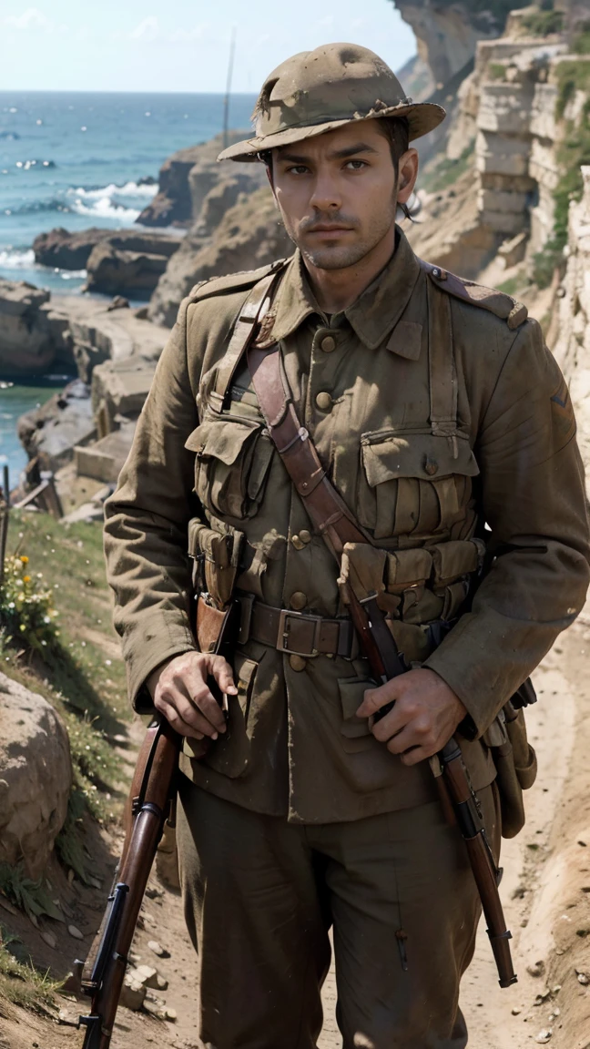 (masterpiece), best quality, expressive eyes, perfect face, cliffs, man, trenches, dirty, uniform, realistic, HD, Rifle, aiming rifle, Gallipoli, hill climb, Ottoman