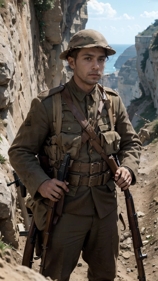(masterpiece), best quality, expressive eyes, perfect face, cliffs, man, trenches, dirty, uniform, realistic, HD, Rifle, aiming rifle, Gallipoli, hill climb, Ottoman