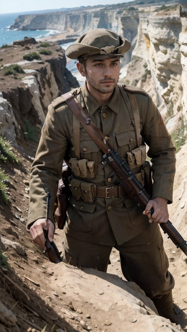 (masterpiece), best quality, expressive eyes, perfect face, cliffs, man, trenches, dirty, uniform, realistic, HD, Rifle, aiming rifle, Gallipoli, hill climb, Ottoman