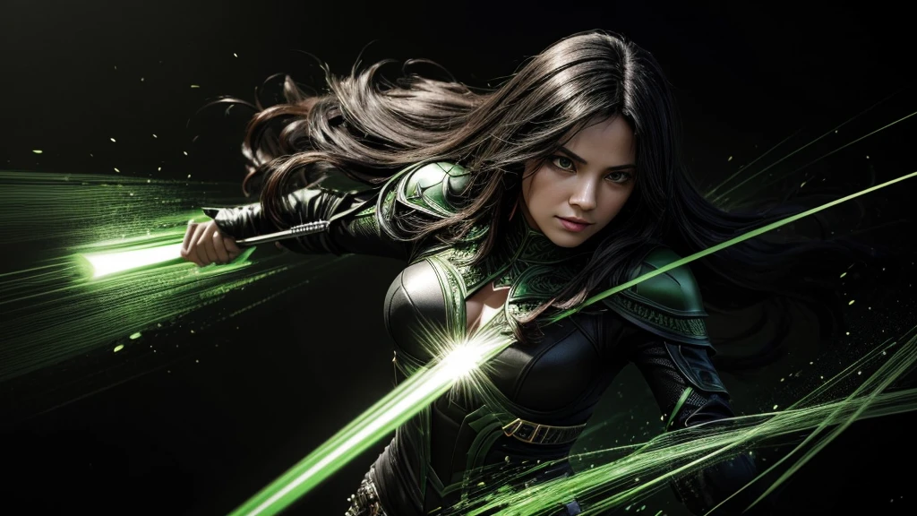 masterpiece, best quality, extremely detailed, hyperrealistic, photorealistic, green and black slash effect, black background
