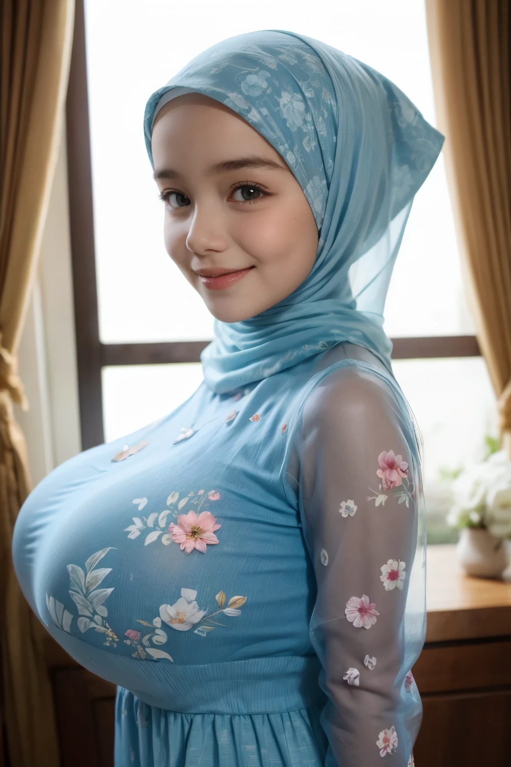 Jumbo (Dress), Chubby adorable, 1 girl, (face to face), , baby face, hf body portrait, (face details: 1), (eye details: 1), ((big breasts)). wearing transparent transparency soft long shirt, hijab, .. Cute posed. proportional body. Ultra High Res. realistic: 1.4, UHD, (floral pattern), view from side seductive pose 