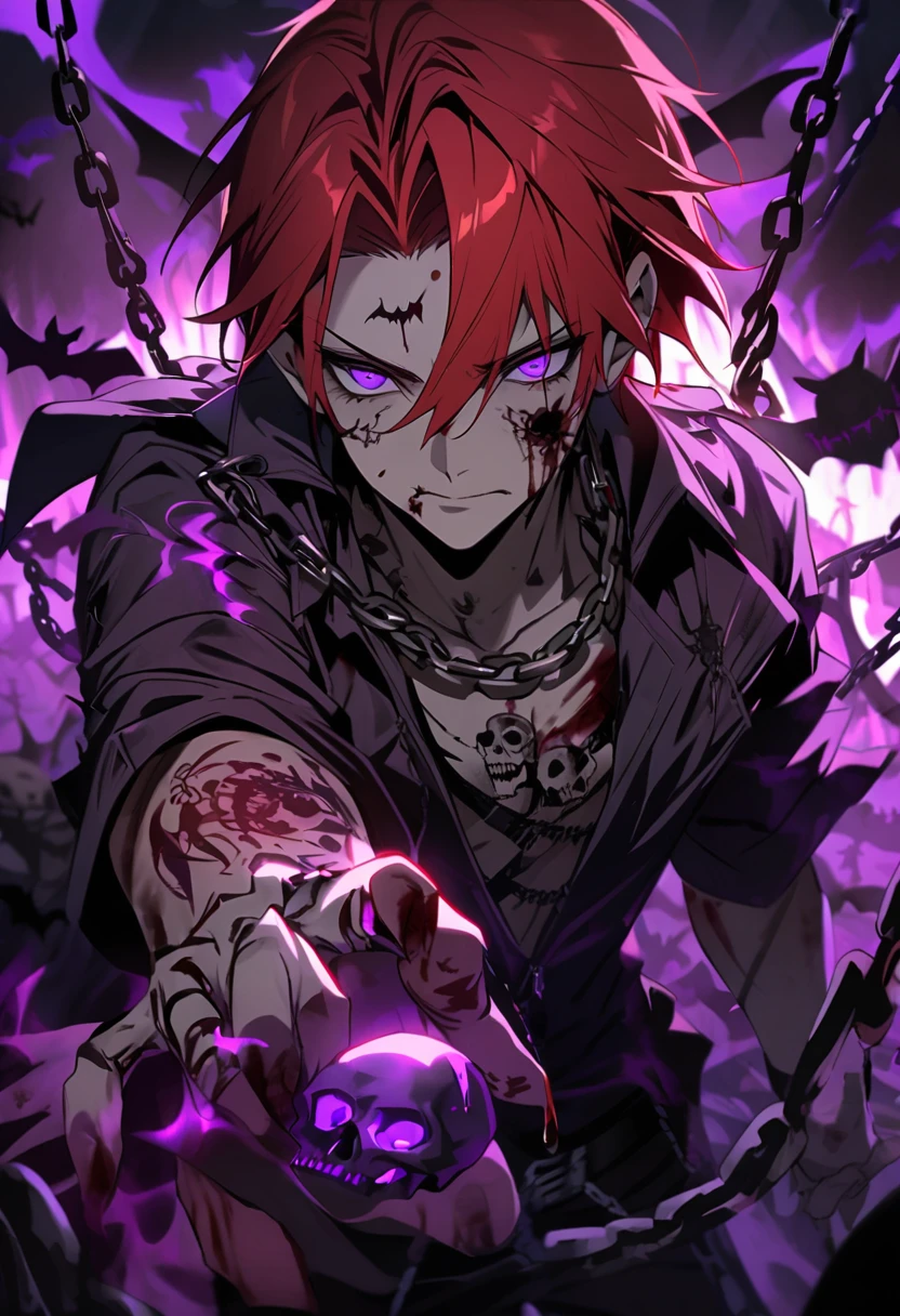 dark aura, hell, male, purple eyes, bats, blood, red hair, chain, experienced, tatoo, long parted bang, disease, old a skull on hand, cool, bones