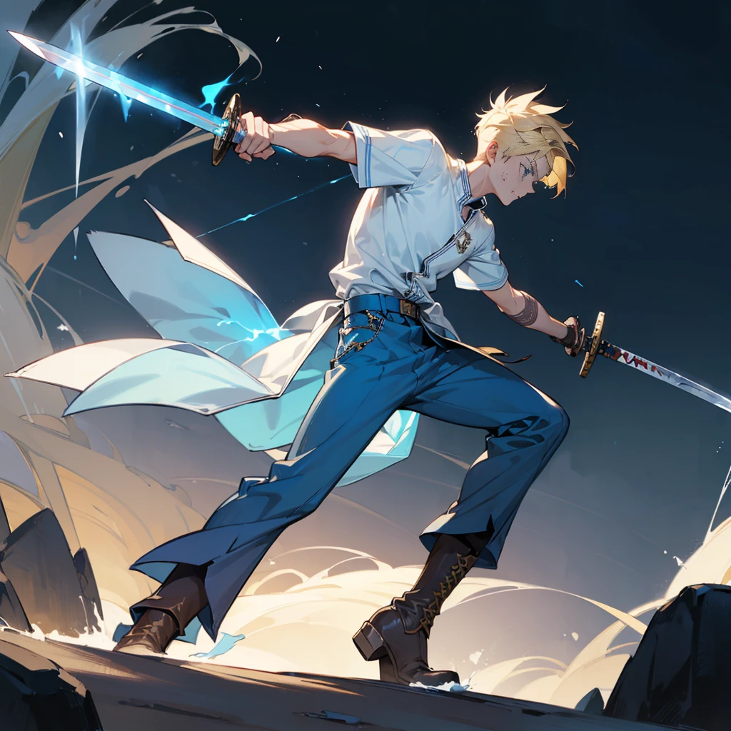 1character, Full body version, Viking boys, 1boys, albino skins, blue eyes, faux hawk hair, blonde colour hair, blue short sleeve shirt, blue trousers, boots, His clothes were full of blood, his face was flowing with blood, his hands were bleeding, he had wounds, his face was bleeding, his body was bleeding, ((long sword in hand, in a fighting pose, the long sword emits blue light, lightning flashes in the blade)), Grassroots, full background in a wide field, gusts of wind, the silhouette of moonlight, the moon, at night, the stars in the night sky