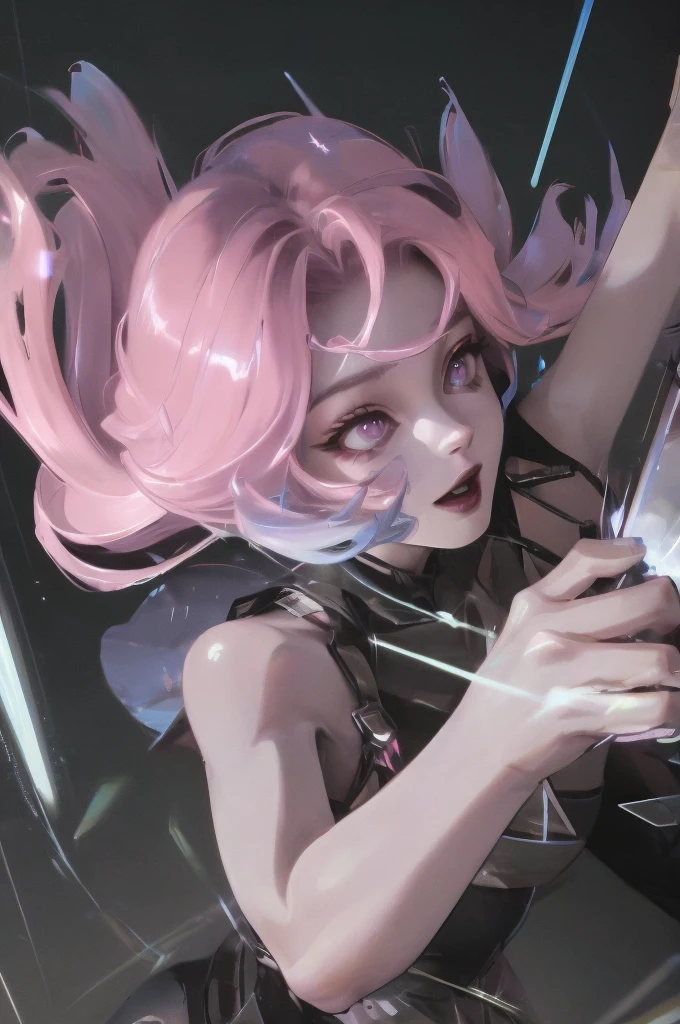 Cyberpunk, Pink Hair, Futurism, Surreal, Ultra wide angle, Wide-angle lens, look up, Dynamic Movement, Expressive, Full of energy, The Sacred Edge, Laser holographic images