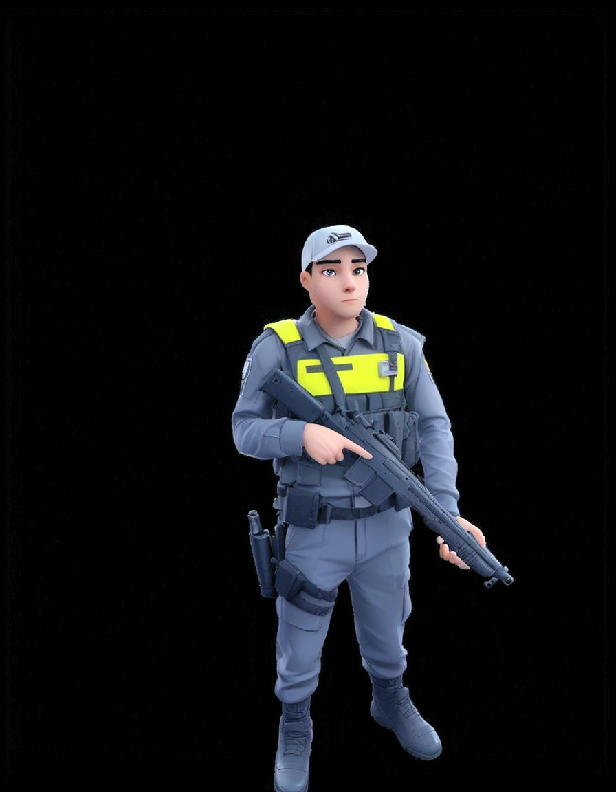 Slim man, gray uniform, white cap, gun in hand, transparent image background