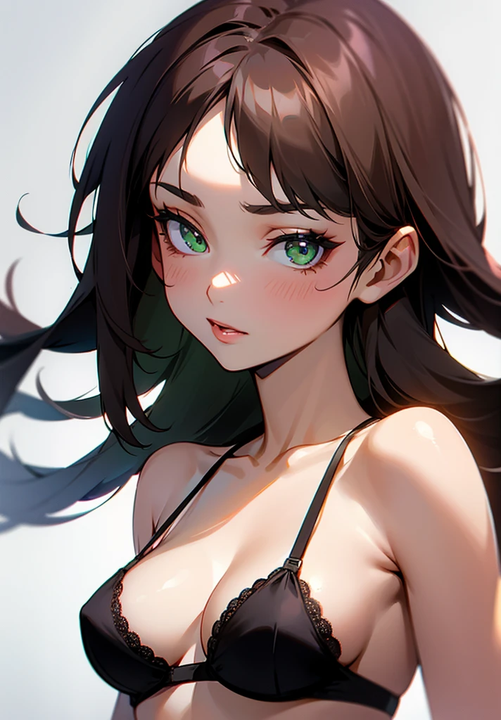a close up of a woman in a black bra with a white background, seductively looking in front, portrait sophie mudd, stunning closeupheadshot, anna nikonova aka newmilky, black bra, brown hair and a perfect body, sexy girl with green eyes, sexy face, gorgeous young model, 2 4 year old female model, tiny black bra