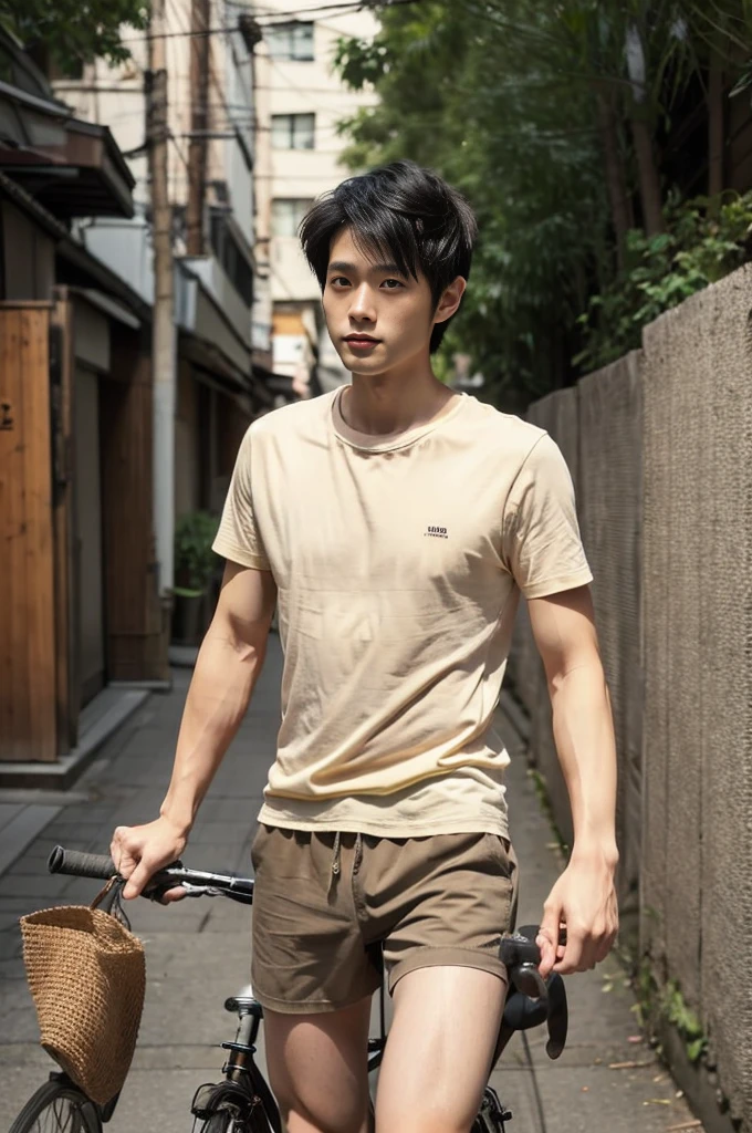 riding a bicycle, whole body, Hairy legs, The legs are muscular and toned., two blocks, Long legs, Japanese man, 27 years old, thin beard, Wear beige shorts, Wear a black T-shirt., very short hair, black hair