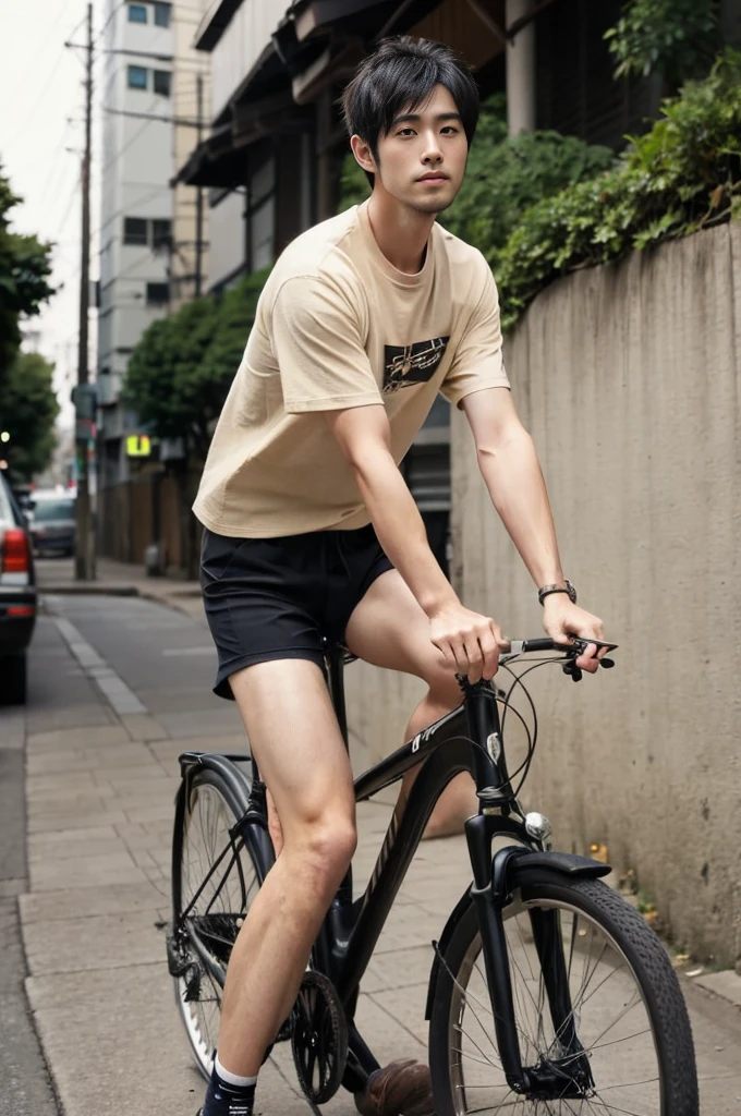 riding a bicycle, whole body, Hairy legs, The legs are muscular and toned., two blocks, Long legs, Japanese man, 27 years old, thin beard, Wear beige shorts, Wear a black T-shirt., very short hair, black hair
