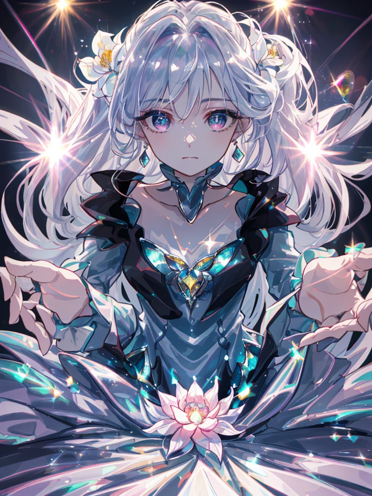 masterpiece, highest quality, figure, alexandrite eyes and hair, platinum earrings, Platinum Necklace, white dress, The Little Mermaid, cute, (dynamic lighting:1.2), cinematic lighting, delicate features, fine eyes, sharp pupils, realistic student, Depth of bounds written, Bokeh, sharp focus, (very detailed, bloom, shine:1.4), Many Small Gems, on all fours
