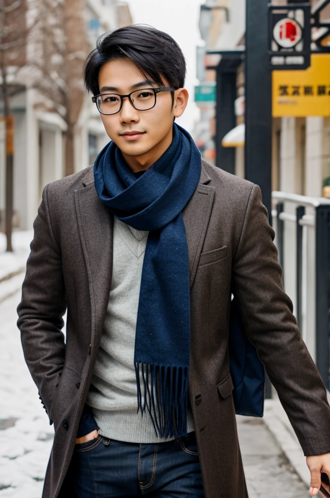 A young charming asian man with glasses wearing a scarf
