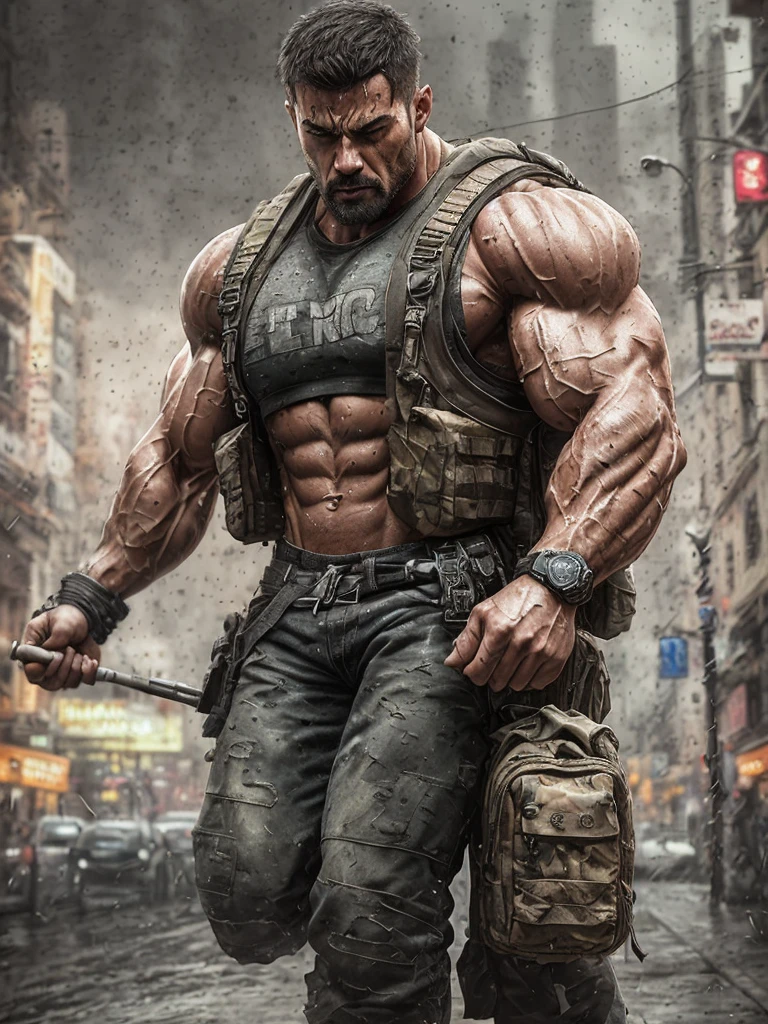 strong muscular man, street angry, backpack, epic realistic, photo, faded, complex stuff around, intricate background, soaking wet, neutral colors, ((((hdr)))), ((((muted colors)))), intricate scene, artstation, intricate details, vignette
