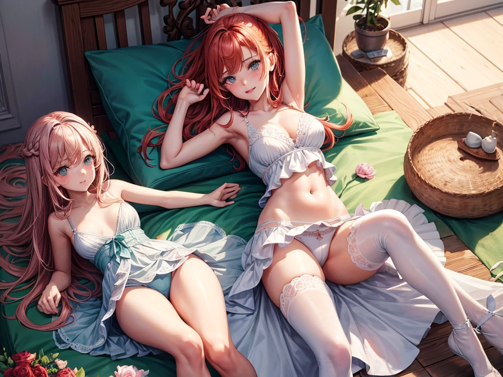jeune fille en jolie culotte en dentelle, on voit les formes de son sexe se dessiner sou sa culotte, elle est rousse, elle a les cheveux long avec plusieurs tresses, avec les yeux vert et quelques tache de rousseur sur les paumettes, elle est très fine, sa poitrine est très fine, elle a de jolies hanches et les épaules nues, elle pose de manière sur d'elle, le dos bien cambré, elle est allongée sur un lit, dans une jolie chambre de fille bien éclairée.