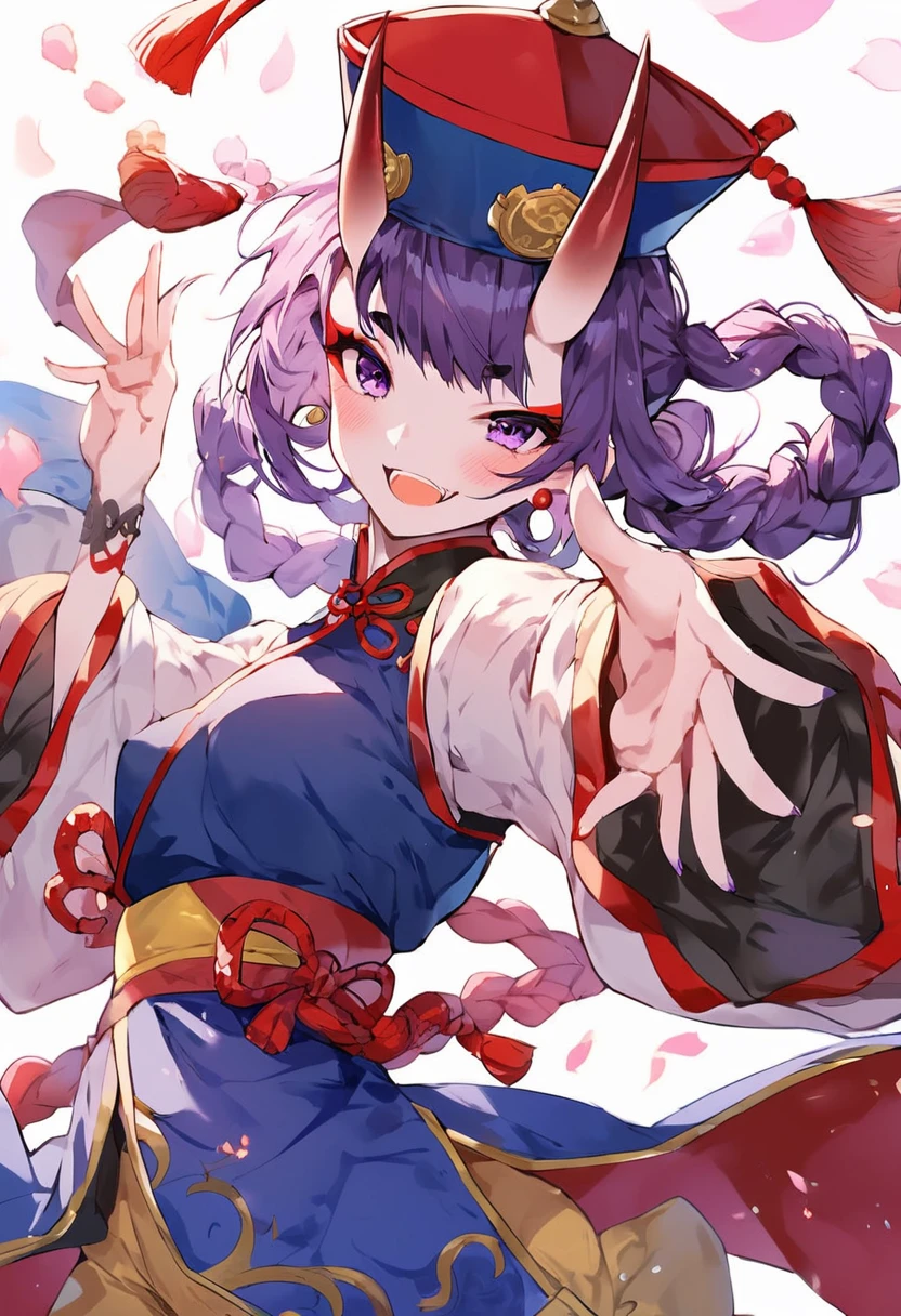 score_9,score_8,score_7,score_8_up,score_7_up 1girl, blush, braid, , eyeliner, fate/grand order, fate (series), hair rings, hat, highres, horns, jiangshi, long sleeves, looking at viewer, makeup, ofuda, oni, oni horns, open mouth, outstretched arms, pumpkinspicelatte, purple eyes, purple hair, qing guanmao, short hair, shuten douji (fate), shuten douji (festival outfit) (fate), skin-covered horns, smile, solo, zombie pose