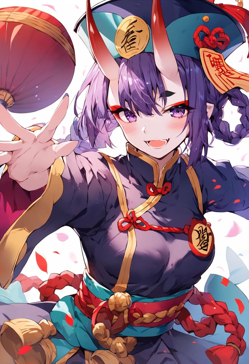 score_9,score_8,score_7,score_8_up,score_7_up 1girl, blush, braid, breasts, eyeliner, fate/grand order, fate (series), hair rings, hat, highres, horns, jiangshi, long sleeves, looking at viewer, makeup, ofuda, oni, oni horns, open mouth, outstretched arms, pumpkinspicelatte, purple eyes, purple hair, qing guanmao, short hair, shuten douji (fate), shuten douji (festival outfit) (fate), skin-covered horns, smile, solo, zombie pose