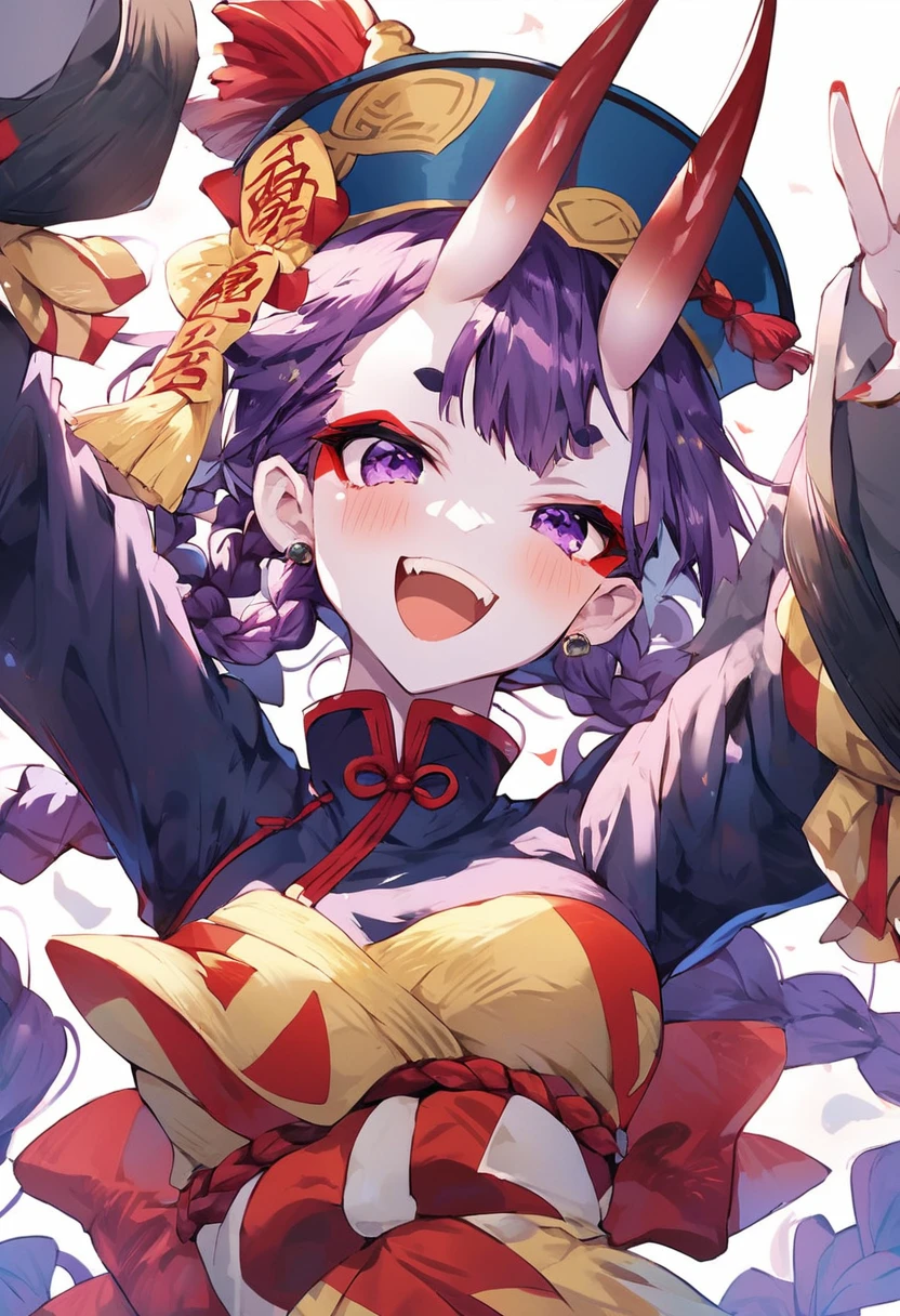 score_9,score_8,score_7,score_8_up,score_7_up 1girl, blush, braid, breasts, eyeliner, fate/grand order, fate (series), hair rings, hat, highres, horns, jiangshi, long sleeves, looking at viewer, makeup, ofuda, oni, oni horns, open mouth, outstretched arms, pumpkinspicelatte, purple eyes, purple hair, qing guanmao, short hair, shuten douji (fate), shuten douji (festival outfit) (fate), skin-covered horns, smile, solo, zombie pose