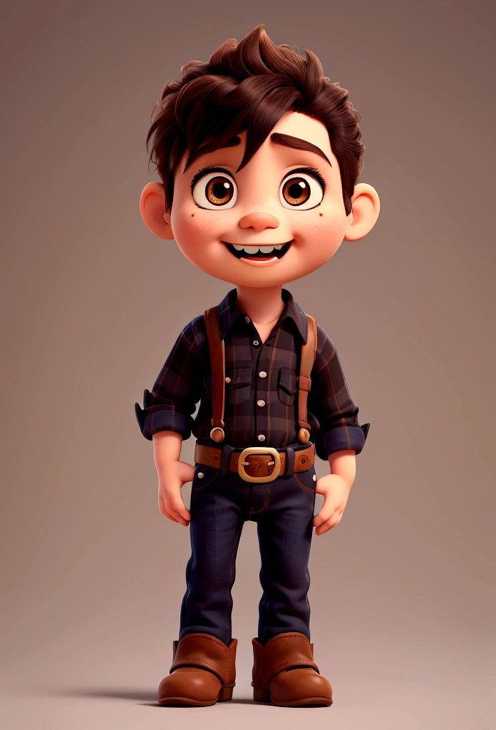 Cartoon character of an 11-month-old baby with only two teeth, His cowboy clothes are a black plaid shirt and blue jeans., on the belt a buckle and a brown boot, dark hair and eyes