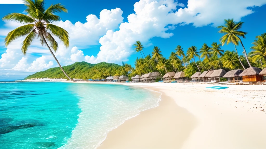 On the coast there is a beach with huts and palm trees, carribean Turquoise Water, Turquoise Water, Tropical Beach paradise, crystal 澄んだBlue Water, Caribbean White Sand, beautiful Tropical Island beach, Tropical Beach, blue sea, 澄んだBlue Water, Tropical paradise, Blue Water, Tropical Island, breath-taking Beautiful beaches, paradise in the background, Beautiful beaches