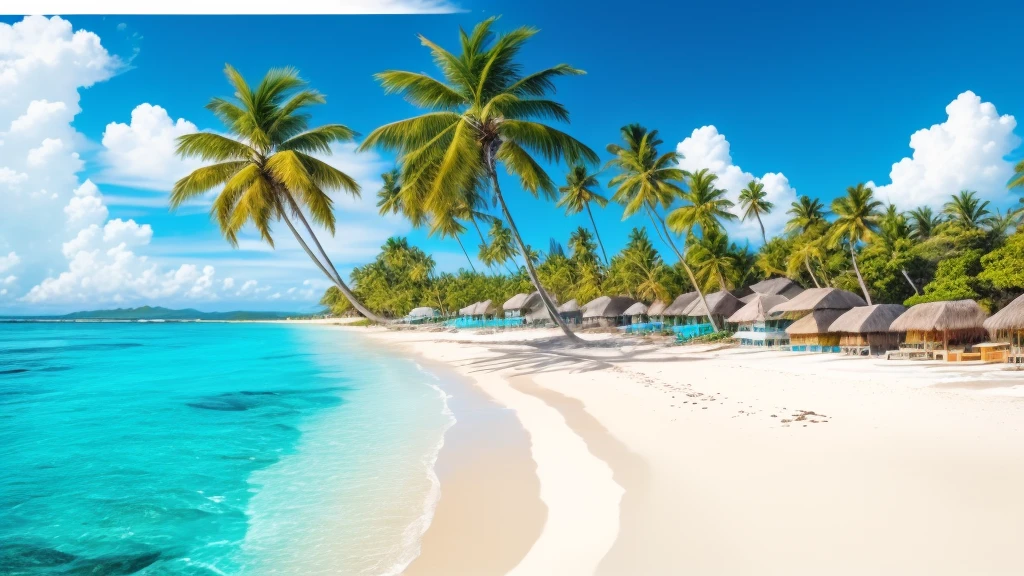 On the coast there is a beach with huts and palm trees, carribean Turquoise Water, Turquoise Water, Tropical Beach paradise, crystal 澄んだBlue Water, Caribbean White Sand, beautiful Tropical Island beach, Tropical Beach, blue sea, 澄んだBlue Water, Tropical paradise, Blue Water, Tropical Island, breath-taking Beautiful beaches, paradise in the background, Beautiful beaches