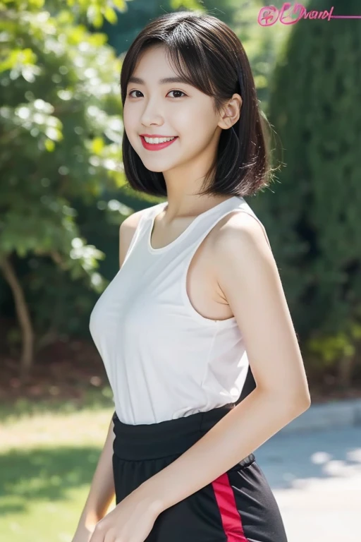 Best quality, 4k, 8k, side detailed face, clear face, pretty girl, Korean makeup, red lips, smile, eyes looking into the distance, perfect body, shoulder length straight short hair, huge breasts, thighs, slim, Thin, girl wears loose clothes, shorts, girl is running, wearing airpods, in the gym