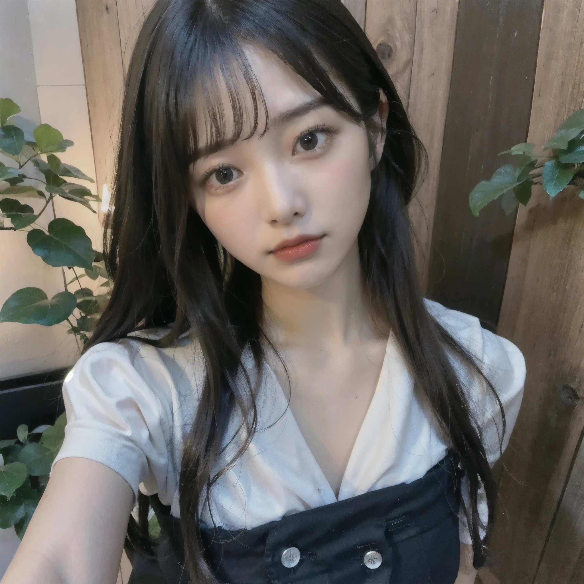 Portrait of a young East Asian girl in a navy blue and white sailor-style . She has long black hair styled in two braids, with straight bangs across her forehead. The girl has large, dark eyes and a small, delicate nose. Her expression is neutral, looking directly at the camera. The background shows a dark blue wooden wall with some green ivy or vine leaves visible to the side. The lighting is soft and natural, creating a slightly moody atmosphere. High-resolution image with sharp focus on the face