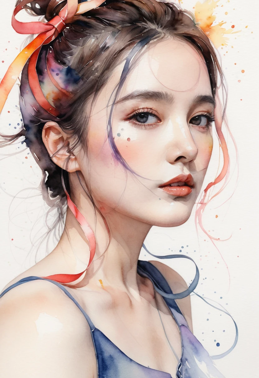 (8k, best quality, masterpiece:1.2),(best quality:1.0), (ultra highres:1.0), watercolor, a beautiful woman, shoulder, hair ribbons, by agnes cecile, half body portrait, extremely luminous bright design, pastel colors, (ink:1.3), autumn lights,
