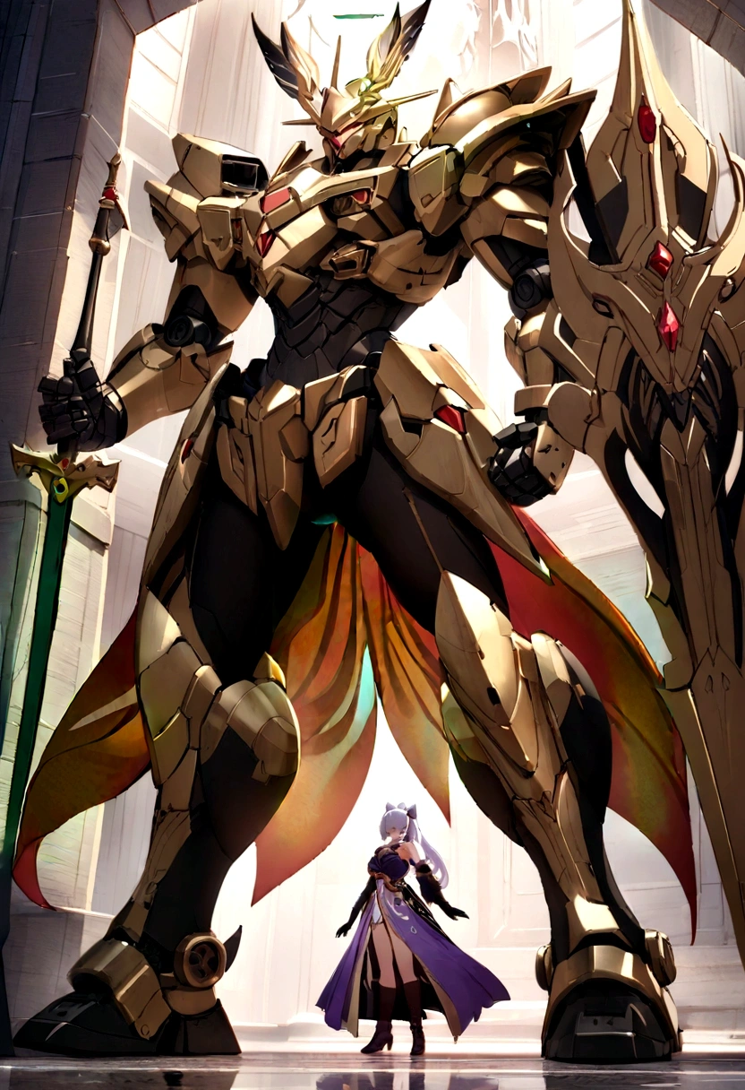 anime style statue of a female knight with two sword best 4K Konachan anime wallpaper, epic anime art, Detailed art from the main anime, a large anime mecha robot, inspired by Krenz Cushart, krenz cushart and artem demura, giant anime mecha, Krenz Cushart e Wenjun Lin