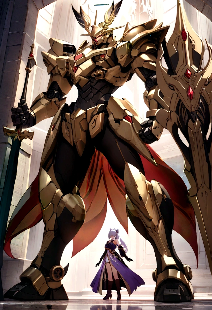 anime style statue of a female knight with two sword best 4K Konachan anime wallpaper, epic anime art, Detailed art from the main anime, a large anime mecha robot, inspired by Krenz Cushart, krenz cushart and artem demura, giant anime mecha, Krenz Cushart e Wenjun Lin