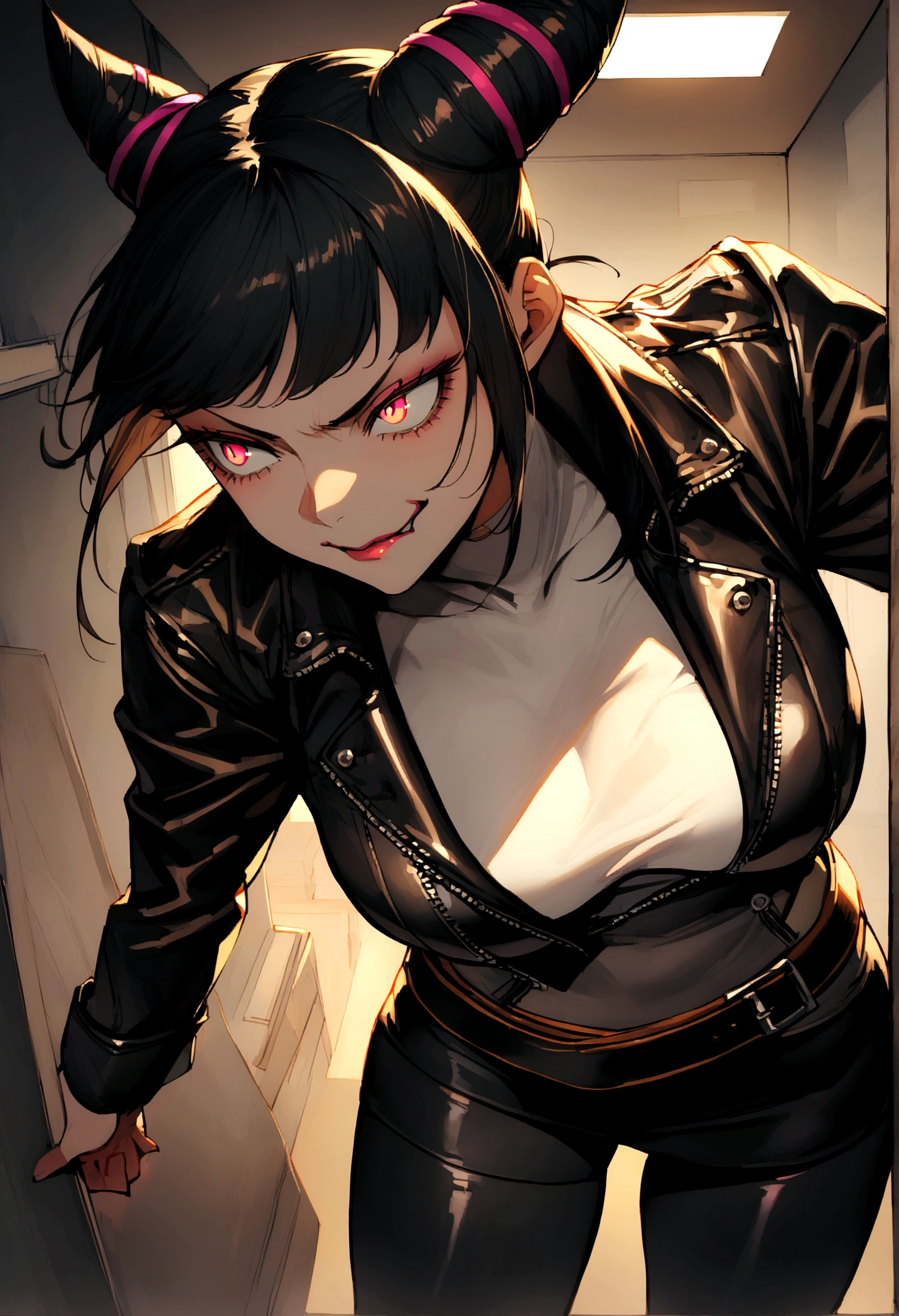 juri han,beautiful young warrior , with a very detailed and beautiful face, beautifuleyes, beautifuleyes, gorgeous face, beautiful young woman wearing long black leggings with black details, short mini skirt, usando leather jacket preta, Standing in an office, wearing black boots, horn hair, with black fringe, , evil smile ,white sweater with strap around, serious look,usando leather jacket preto, leather jacket,looking to the down,yellow lighting,legging
