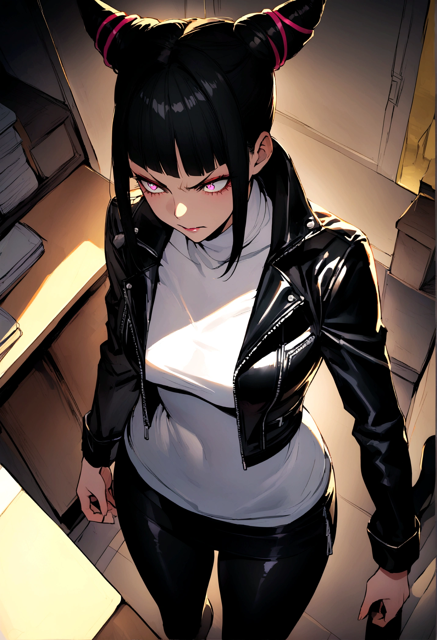 juri han,beautiful young warrior , with a very detailed and beautiful face, beautifuleyes, beautifuleyes, gorgeous face, beautiful young woman wearing long black leggings with black details, short mini skirt, usando leather jacket preta, Standing in an office, wearing black boots, horn hair, with black fringe, , evil smile ,white sweater with strap around, serious look,usando leather jacket preto, leather jacket,looking to the down,yellow lighting,legging
