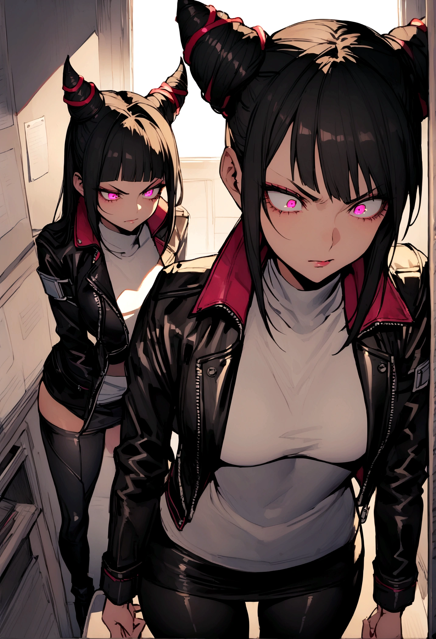juri han,beautiful young warrior , with a very detailed and beautiful face, beautifuleyes, beautifuleyes, gorgeous face, beautiful young woman wearing long black leggings with black details, short mini skirt, usando leather jacket preta, Standing in an office, wearing black boots, horn hair, with black fringe, , evil smile ,white sweater with strap around, serious look,usando leather jacket preto, leather jacket,looking to the down,yellow lighting,legging