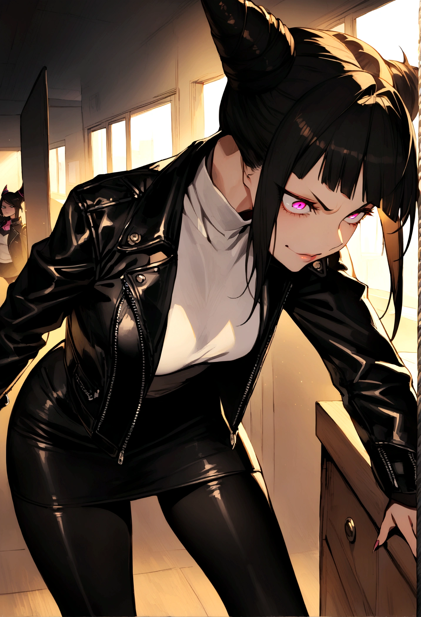juri han,beautiful young warrior , with a very detailed and beautiful face, beautifuleyes, beautifuleyes, gorgeous face, beautiful young woman wearing long black leggings with black details, short mini skirt, usando leather jacket preta, Standing in an office, wearing black boots, horn hair, with black fringe, , evil smile ,white sweater with strap around, serious look,usando leather jacket preto, leather jacket,looking to the down,yellow lighting,legging