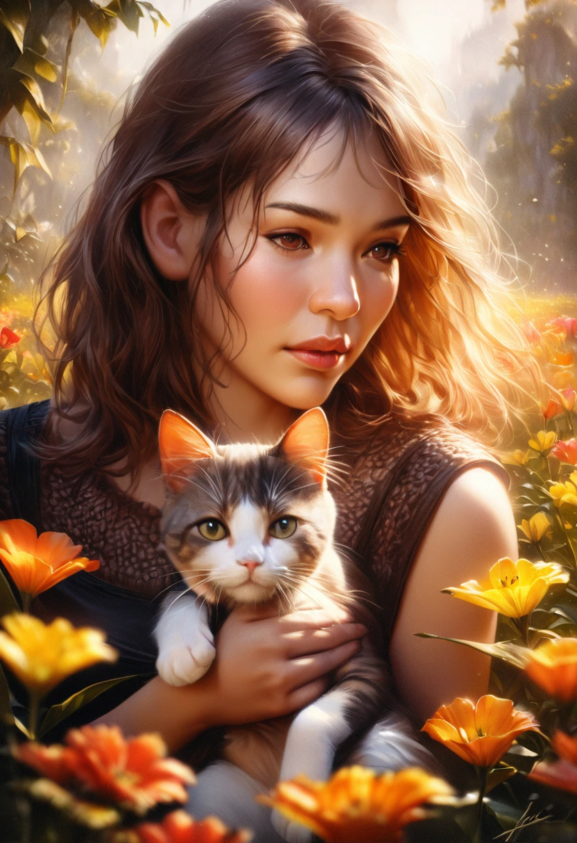 Catを連れた少女, a beautiful girl with a Cat, girl with a cute Cat, girl petting a Cat, girl in a flowery meadow with a Cat, girl in a dreamy landscape with a Cat, girl in a fantasy forest with a Cat, photoRealistic portrait of a girl and her Cat, 少女と彼女のCatの仲間を描いたVery detailedデジタル絵画, girl cuddling a Cat in a serene natural setting, girl playing with a Cat in a whimsical outdoor scene, (Highest quality,4K,8K,High resolution,masterpiece:1.2),Very detailed,(Realistic,photoRealistic,photo-Realistic:1.37),Vibrant colors,intriCate details,Natural light,Warm color palette,Soft Focus,Beautiful attention to detail,Beautiful lip detail,Very detailed目と顔,Long eyelashes,One Girl,Cat,Flower Field,Fantasy Landscape,Vibrant colors,Written boundary depth,Cinema Lighting