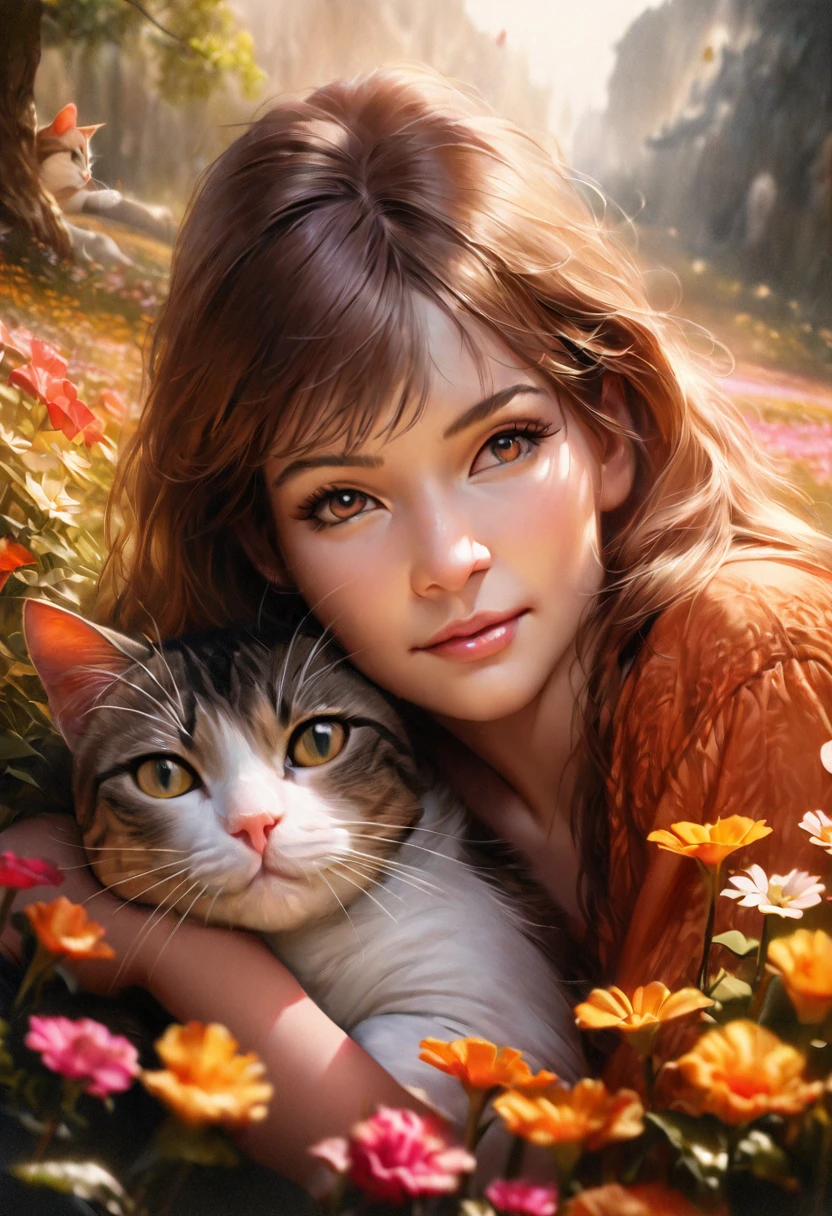 Catを連れた少女, a beautiful girl with a Cat, girl with a cute Cat, girl petting a Cat, girl in a flowery meadow with a Cat, girl in a dreamy landscape with a Cat, girl in a fantasy forest with a Cat, photoRealistic portrait of a girl and her Cat, 少女と彼女のCatの仲間を描いたVery detailedデジタル絵画, girl cuddling a Cat in a serene natural setting, girl playing with a Cat in a whimsical outdoor scene, (Highest quality,4K,8K,High resolution,masterpiece:1.2),Very detailed,(Realistic,photoRealistic,photo-Realistic:1.37),Vibrant colors,intriCate details,Natural light,Warm color palette,Soft Focus,Beautiful attention to detail,Beautiful lip detail,Very detailed目と顔,Long eyelashes,One Girl,Cat,Flower Field,Fantasy Landscape,Vibrant colors,Written boundary depth,Cinema Lighting