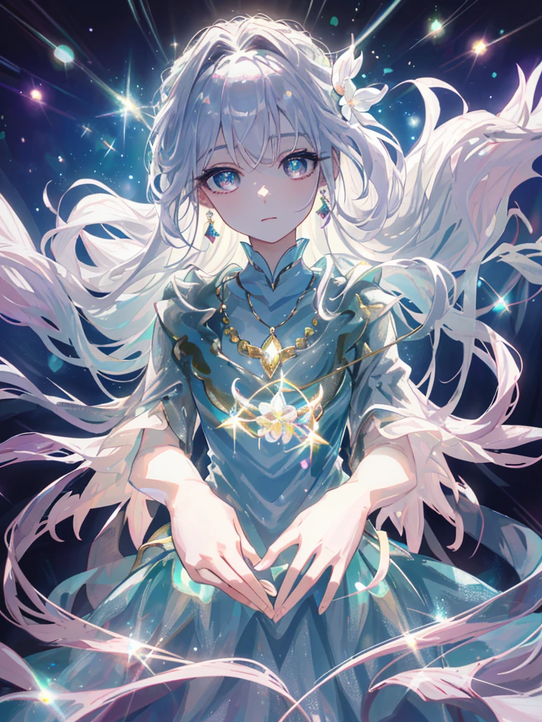 masterpiece, highest quality, figure, alexandrite eyes and hair, platinum earrings, Platinum Necklace, white dress, The Little Mermaid, cute, (dynamic lighting:1.2), cinematic lighting, delicate features, fine eyes, sharp pupils, realistic student, Depth of bounds written, Bokeh, sharp focus, (very detailed, bloom, shine:1.4), Many Small Gems, prostrating