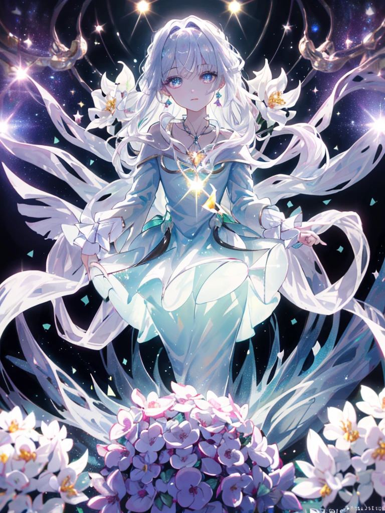 masterpiece, highest quality, figure, alexandrite eyes and hair, platinum earrings, Platinum Necklace, white dress, The Little Mermaid, cute, (dynamic lighting:1.2), cinematic lighting, delicate features, fine eyes, sharp pupils, realistic student, Depth of bounds written, Bokeh, sharp focus, (very detailed, bloom, shine:1.4), Many Small Gems, prostrating